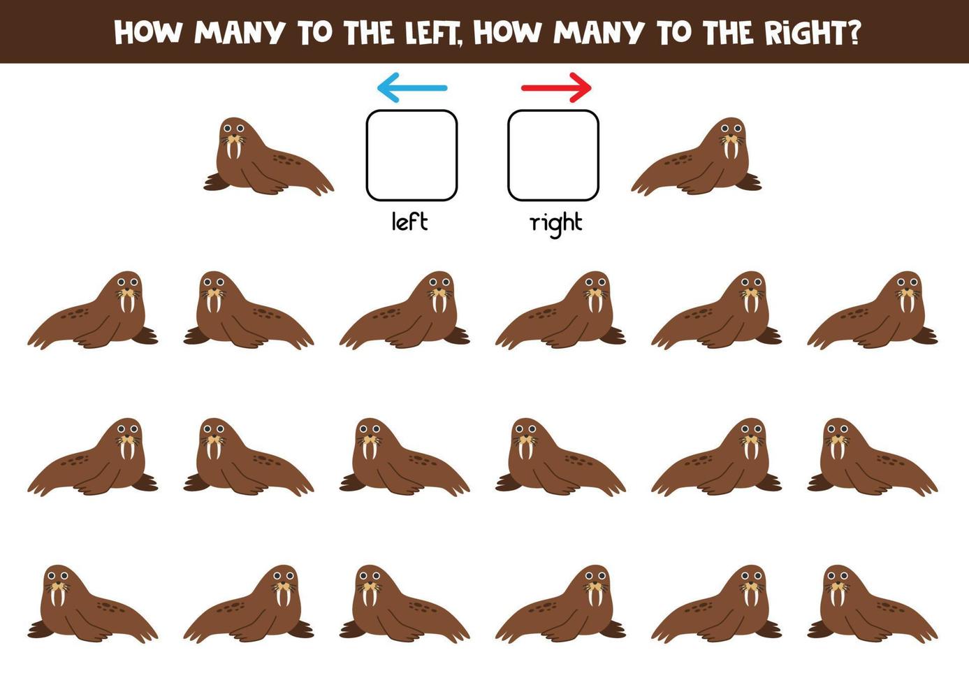 links of Rechtsaf met schattig tekenfilm walrus. logisch werkblad voor kleuters. vector