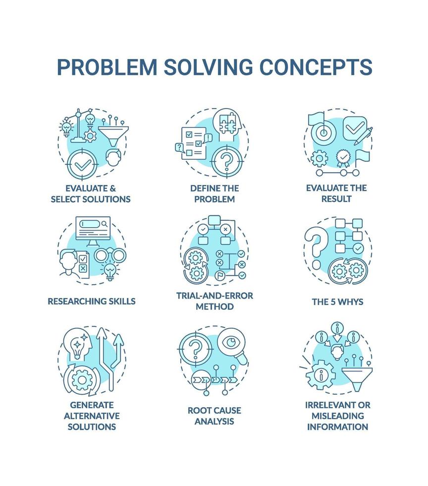 probleemoplossende blauwe concept pictogrammen instellen vector