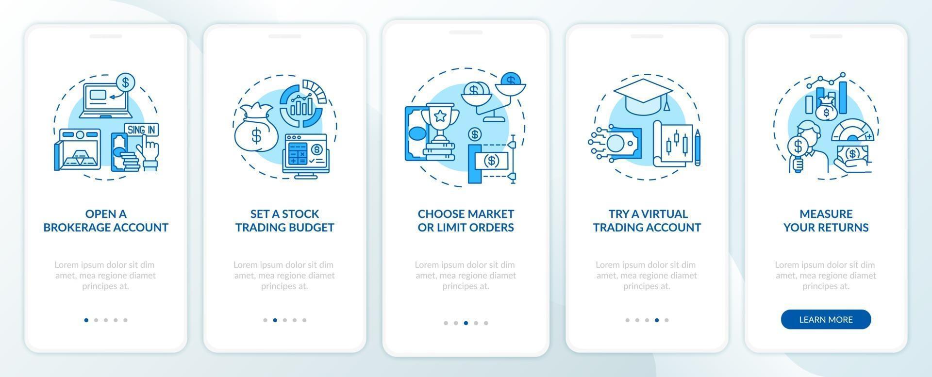 aandelenhandel pad onboarding mobiele app pagina scherm met concepten vector