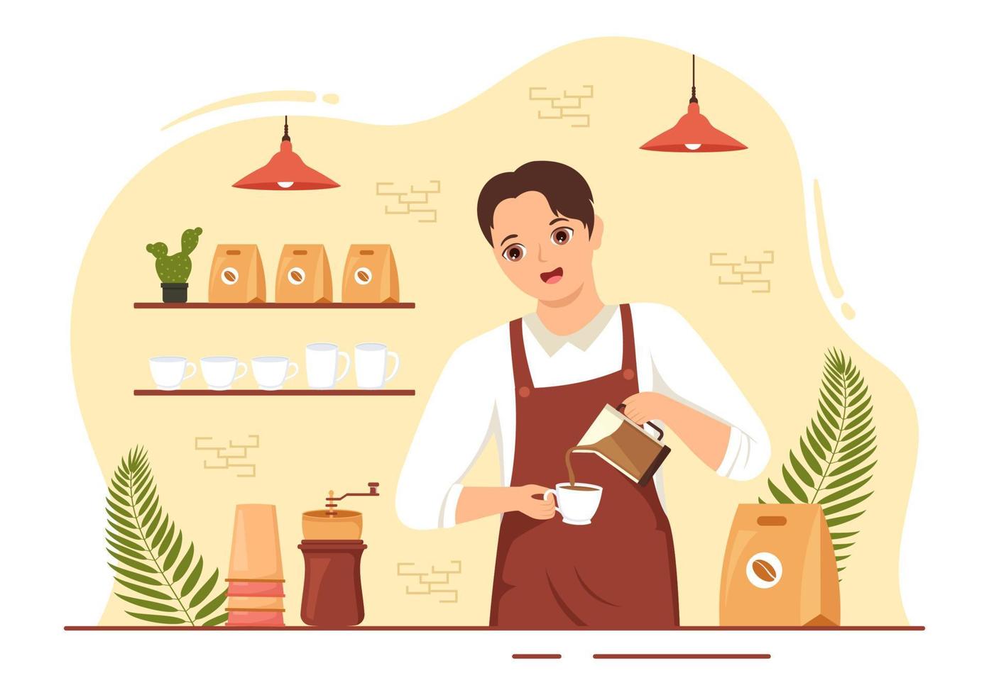 barista illustratie met vervelend staand schort maken koffie voor klant in vlak tekenfilm hand- getrokken landen bladzijde of web banier sjabloon vector