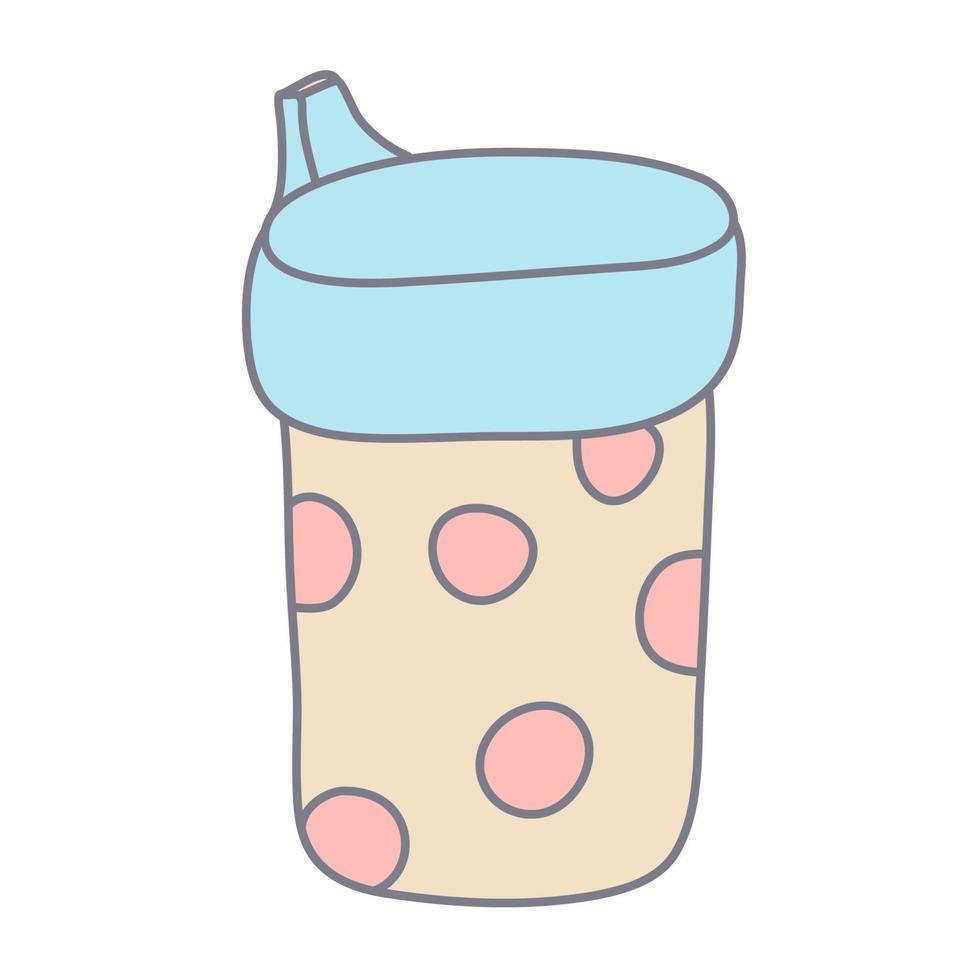 sippy kop versierd met polka dots in kleur tekening stijl. drinken kop voor peuters. baby zorg en voeden thema. vlak stijl met schets. hand- getrokken vector illustratie geïsoleerd Aan wit.