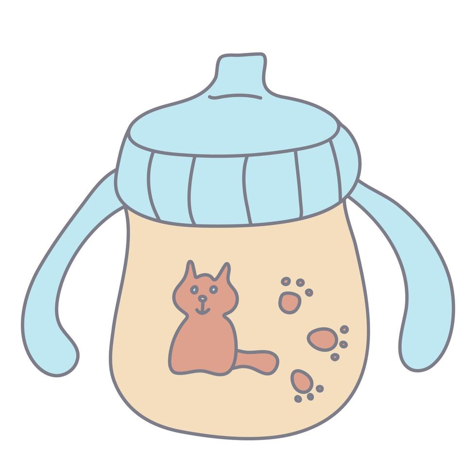 sippy kop met handvatten versierd met een kat in kleur tekening stijl. drinken kop voor peuters. baby zorg en voeden thema. vlak stijl met schets. hand- getrokken vector illustratie geïsoleerd Aan wit.