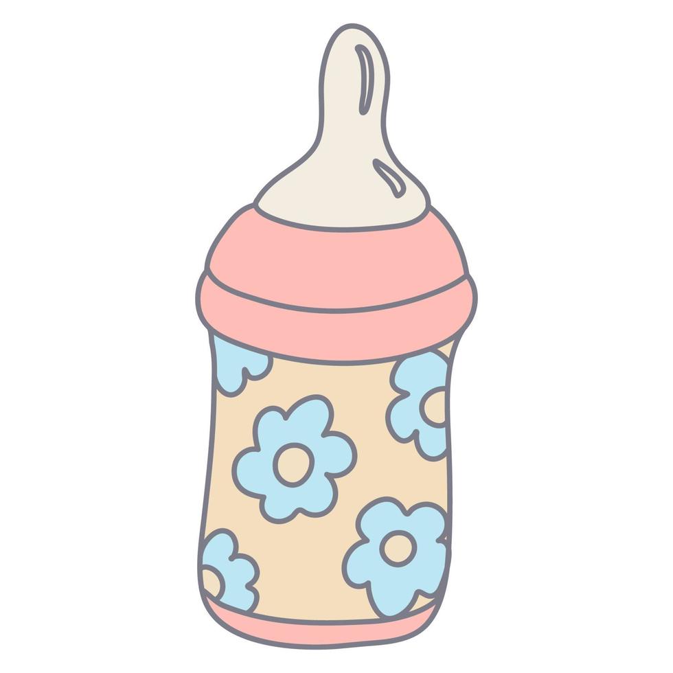 baby voeden fles versierd met kamille bloemen in kleur tekening stijl. vlak stijl met schets. hand- getrokken vector illustratie geïsoleerd Aan wit. pastel kleuren, roze, blauw, beige