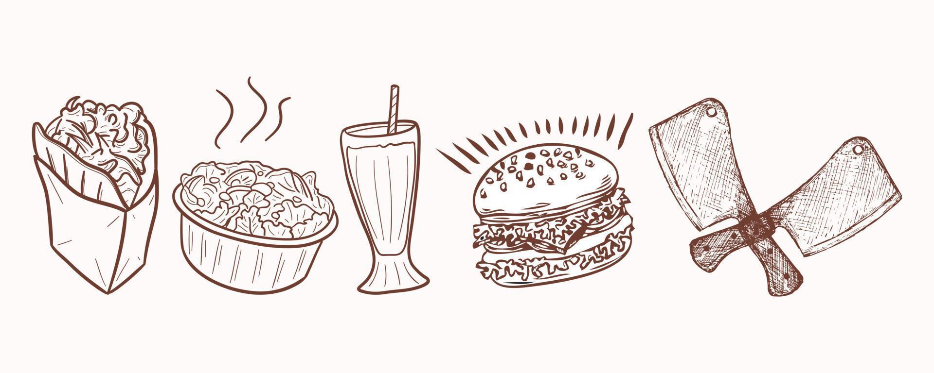 voedsel , drankjes en hakmes, hamburger vector schets ontwerp illustratie