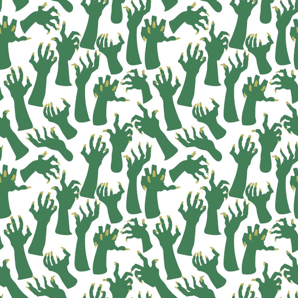 een patroon van dood man's handen, zombie handen proberen naar grijp elk ander. aanvallen groen handen. het is goed geschikt voor halloween-stijl decoratie van papier en textiel producten. eng handen Aan een wit vector