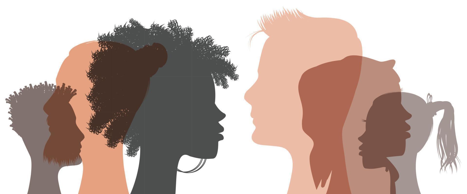 multiraciaal Mens en vrouw silhouetten van verschillend uiterlijk - verscheidenheid concept vector