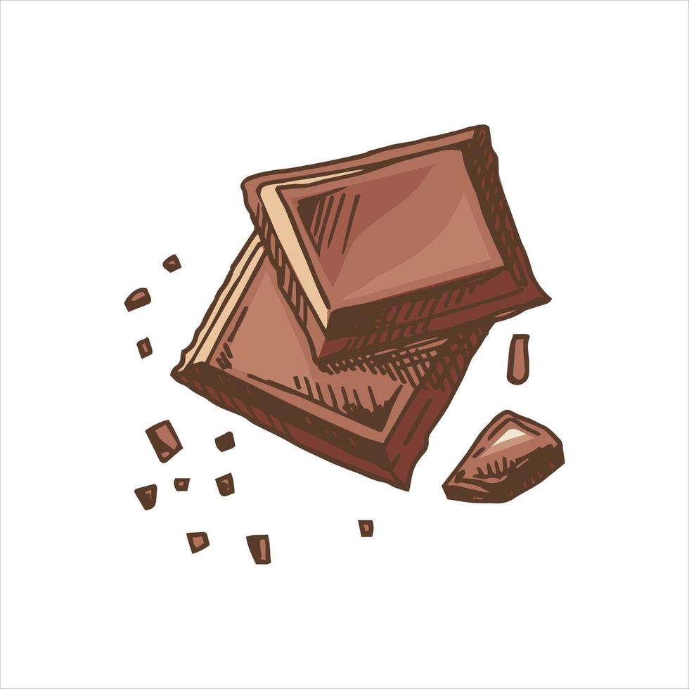 een hand getekend gekleurde schetsen van stukken van chocola bars. wijnoogst illustratie. element voor de ontwerp van etiketten, verpakking en ansichtkaarten. vector