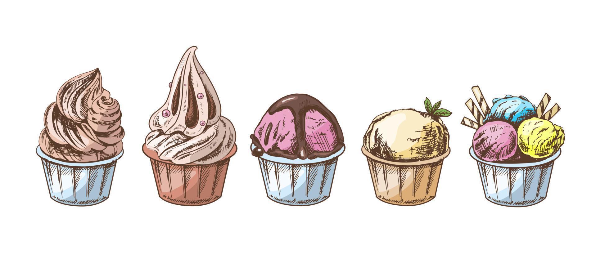 een hand getekend gekleurde schetsen van ijs room ballen, bevroren yoghurt of cupcakes in kopjes. set. wijnoogst illustratie. element voor de ontwerp van etiketten, verpakking en ansichtkaarten. vector