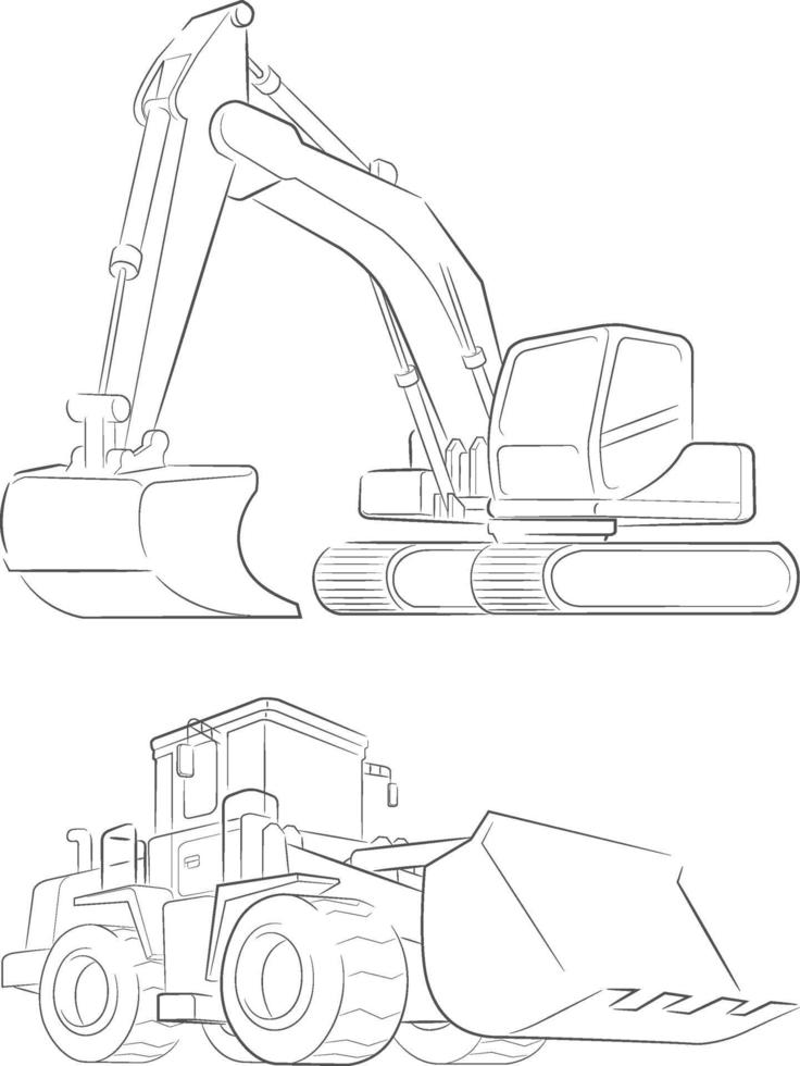 schets graafmachine bulldozer, bouwmachine doodle hand getrokken vector