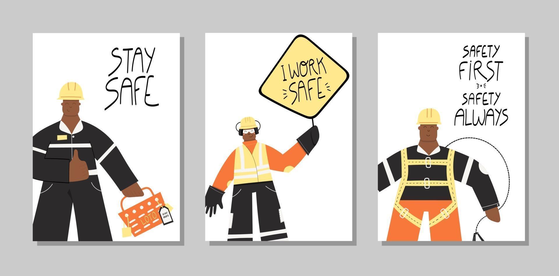 veiligheid eerste industriële hand getrokken posters set vector