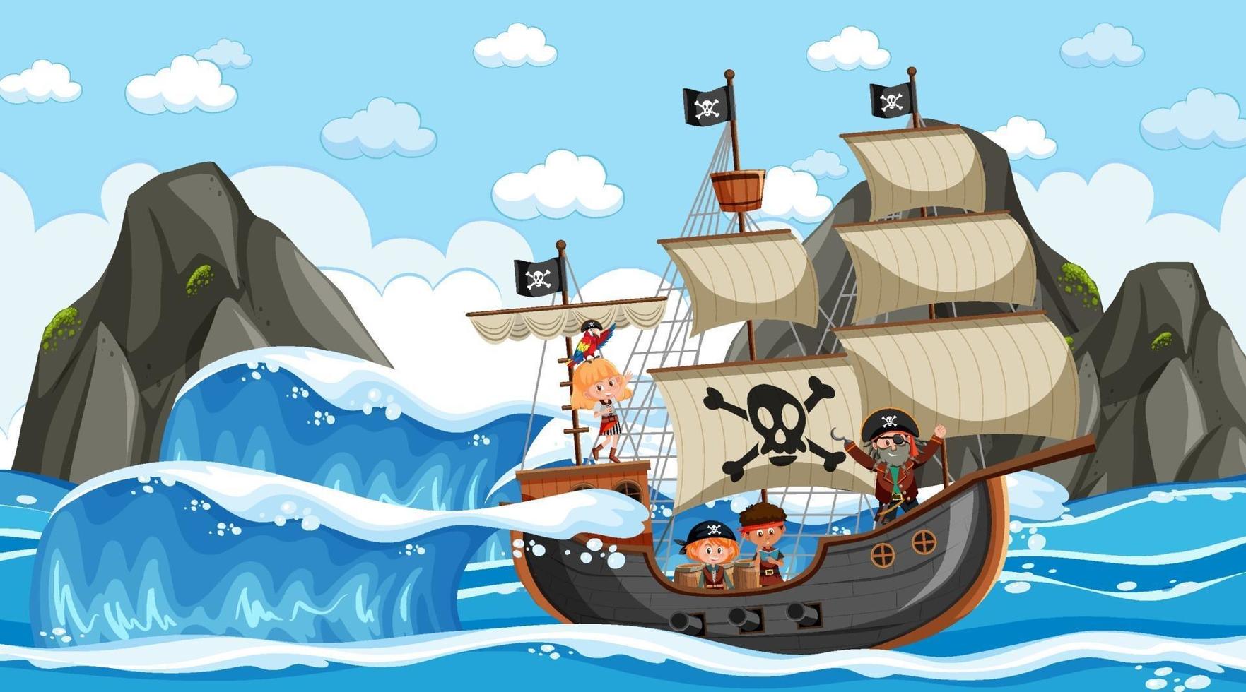 strand met piratenschip overdag in cartoon-stijl vector