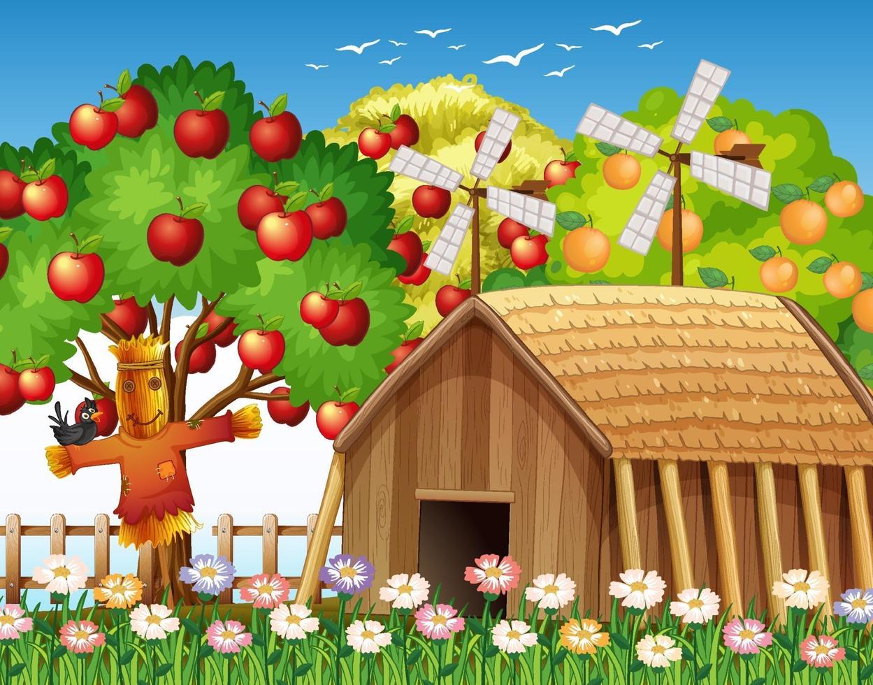 boerderijscène met boerderij en grote appelboom vector