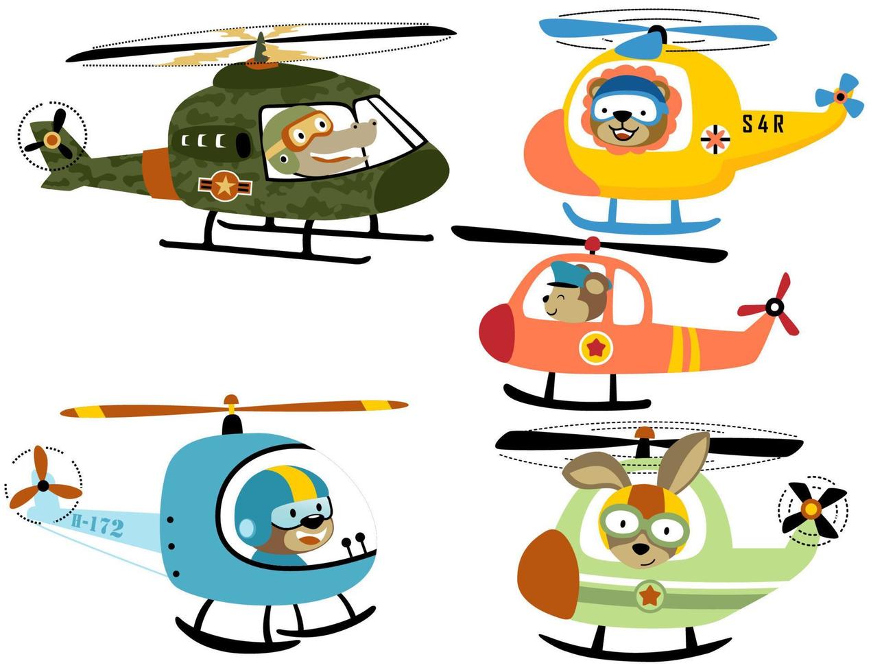 vector reeks van helikopter tekenfilm met schattig dieren piloot