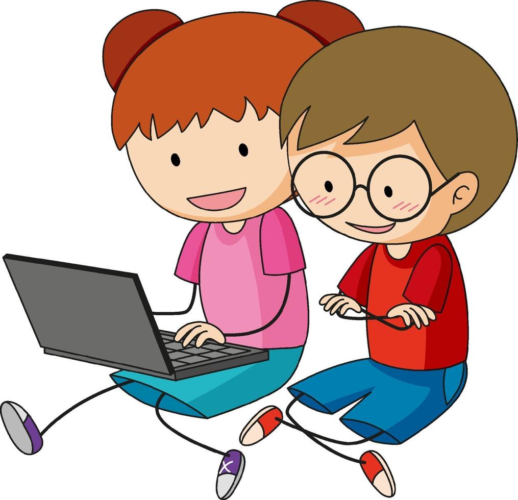 een doodle kinderen met behulp van laptop stripfiguur geïsoleerd vector