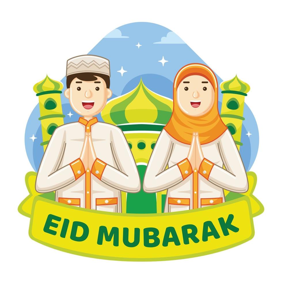 eid mubarak-groet met glimlachende mensen vector