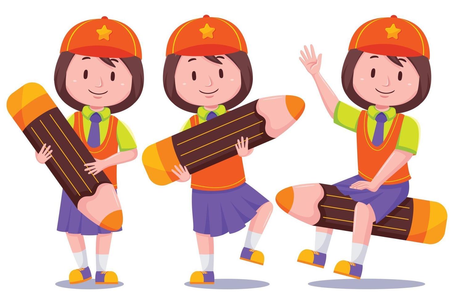 schattig schoolmeisje met potlood set vector