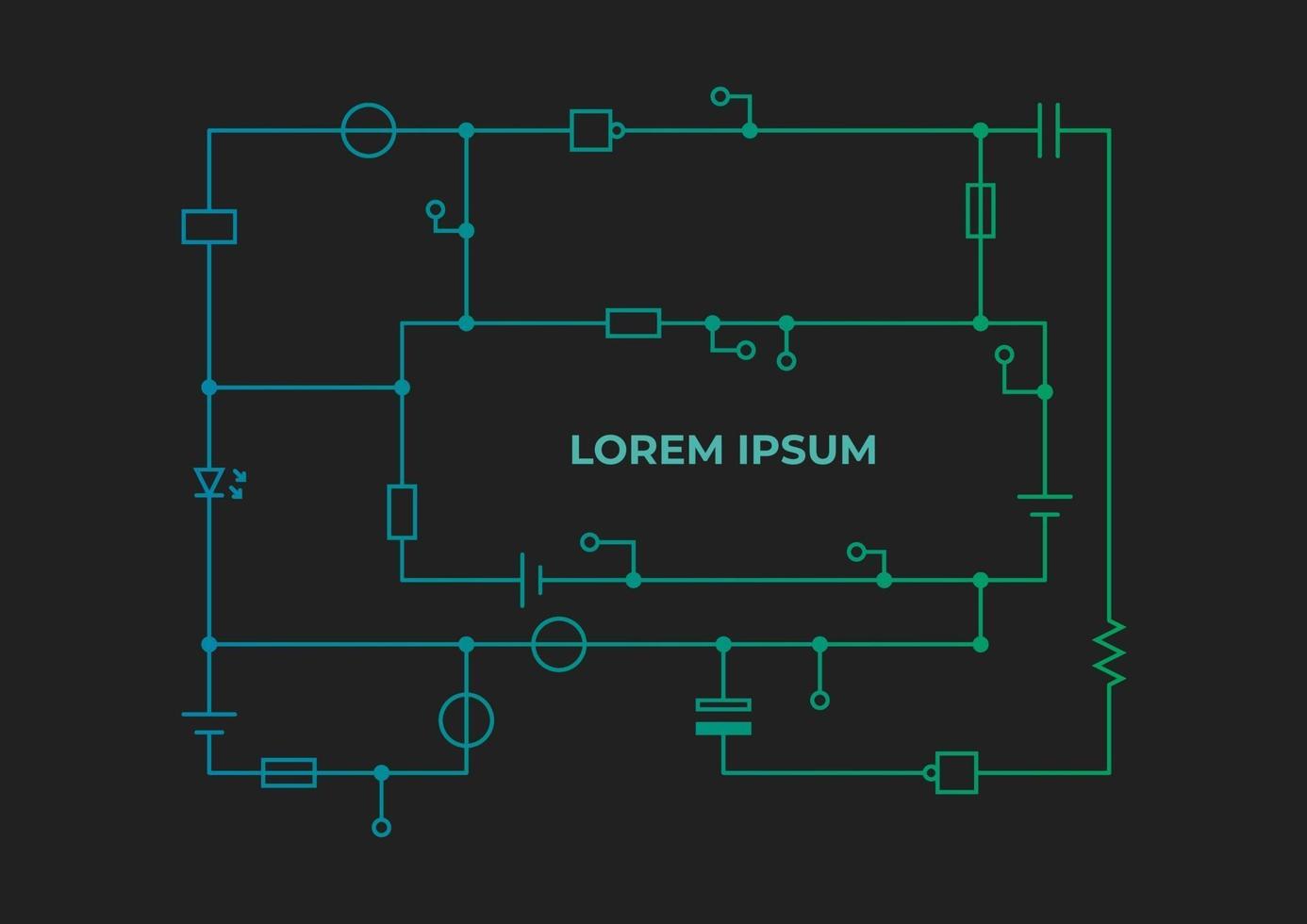 sjabloon van een elektrisch circuit met inscriptie op een donkere achtergrond. achtergrondillustratie voor wetenschappelijke en technische artikelen. vector