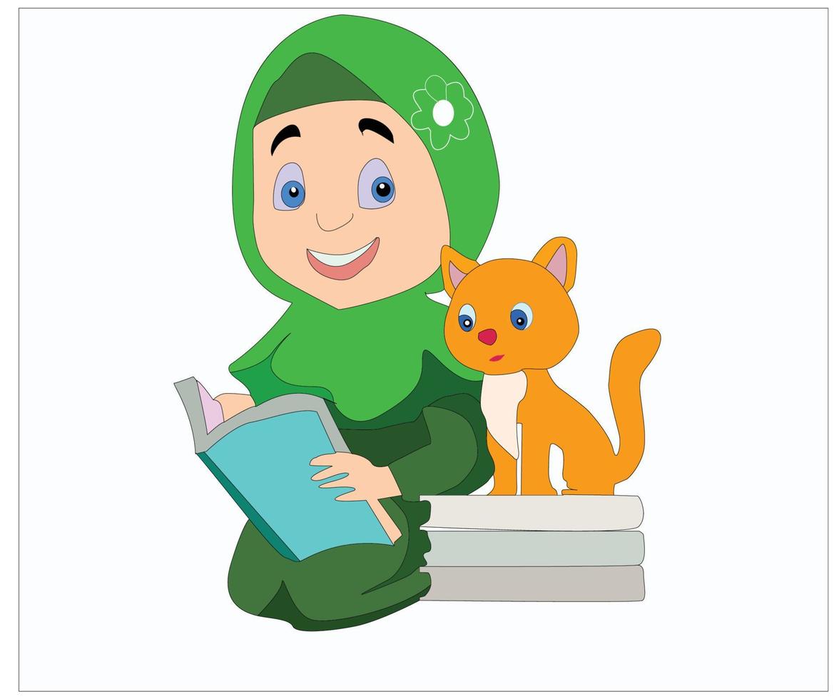 een meisje is plaen met haar schattig kat. vector illustratie voor kinderen