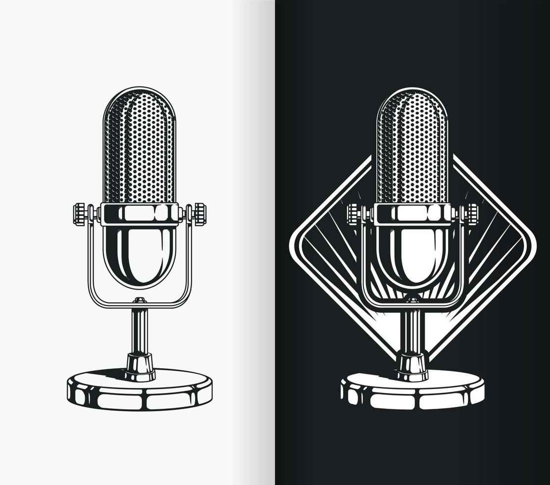 silhouet van vintage radio en podcast oude microfoon, stencil vector tekening