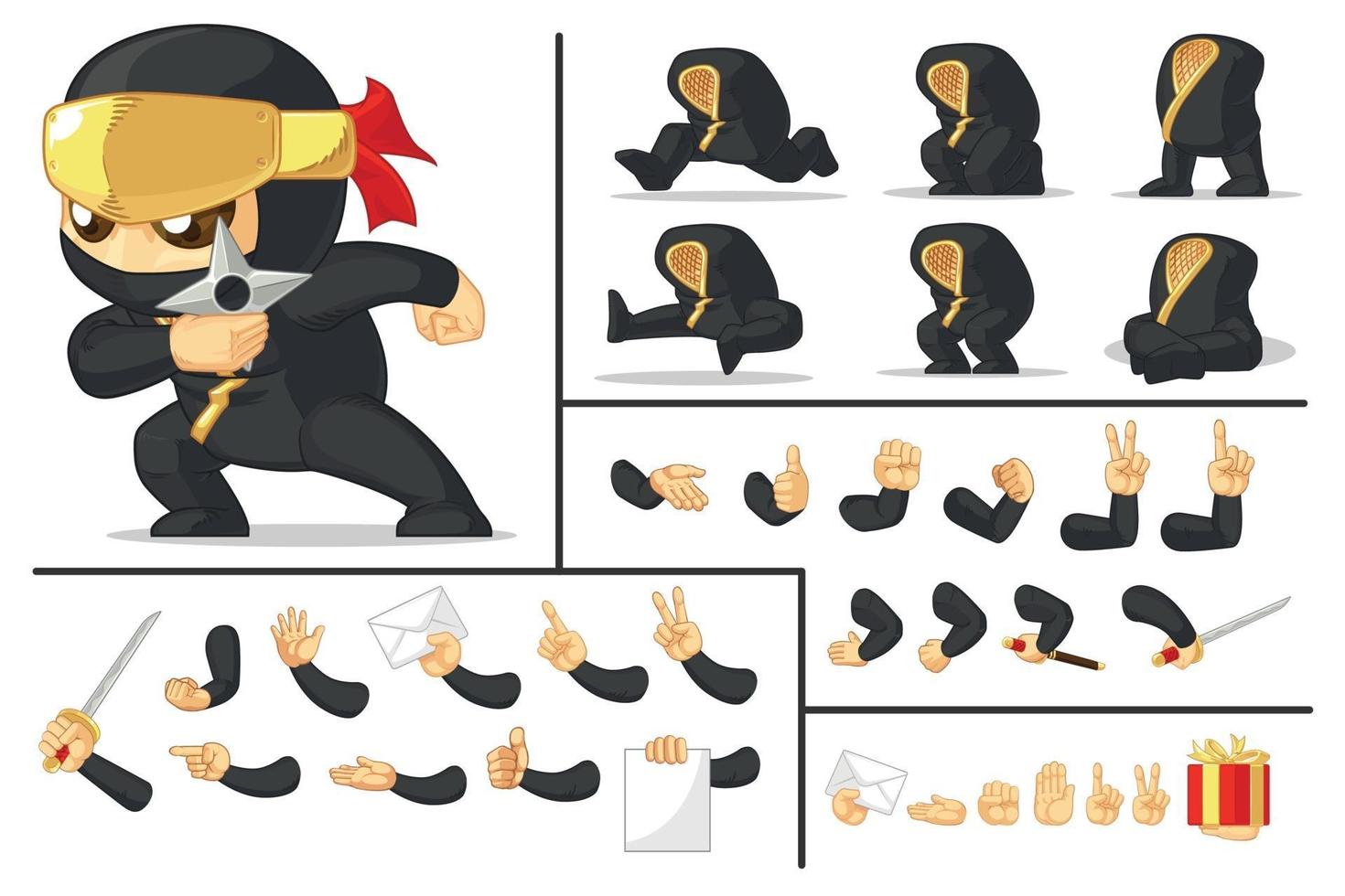 Game Asset mascotte, zwarte Japanse ninja krijger geïsoleerde vector tekening