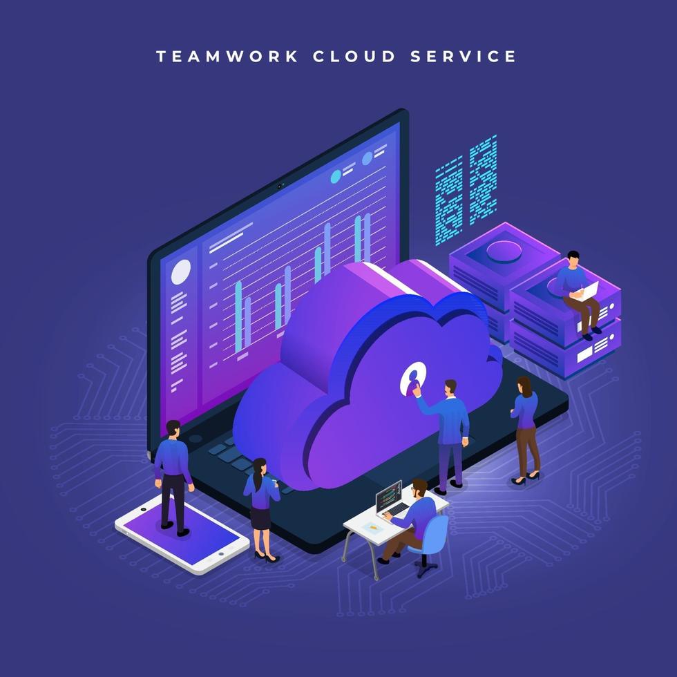 isometrisch teamwerk in de cloudservice vector