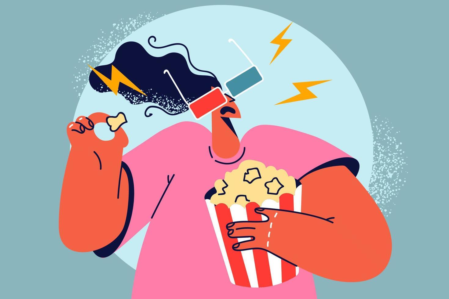 vrouw in 3d bril aan het kijken film aan het eten popcorn in bioscoop. millennial meisje in bril genieten film met tussendoortje in film theater. vermaak en vrije tijd. vector illustratie.