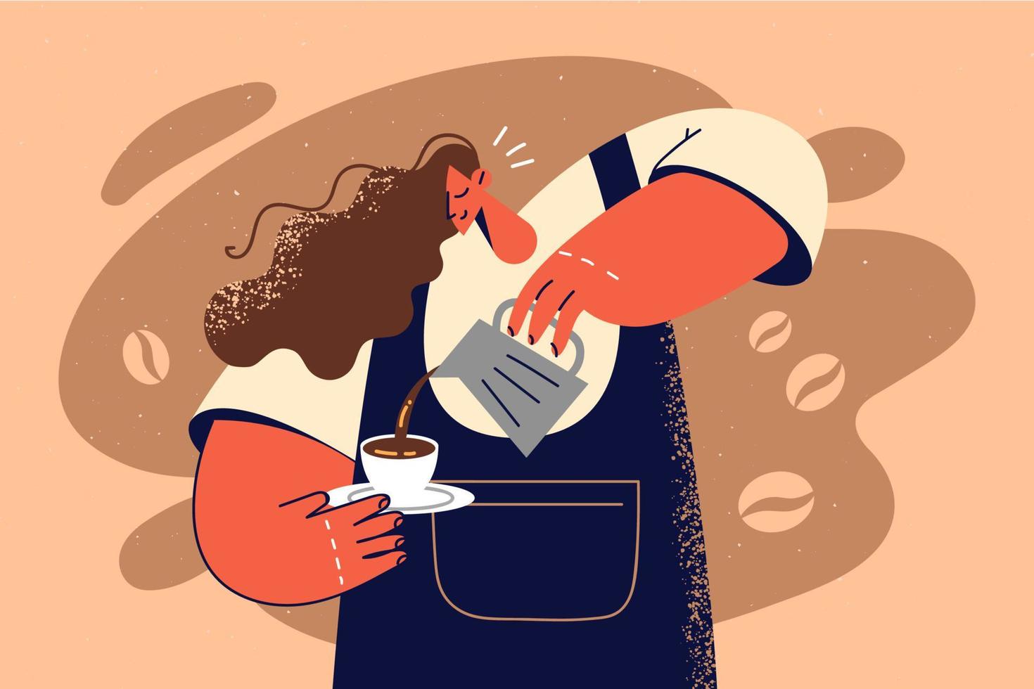 glimlachen vrouw serveerster in schort maken cappuccino in kop in koffie winkel. gelukkig vrouw bereiden koffie in cafe. bezigheid. vector illustratie.