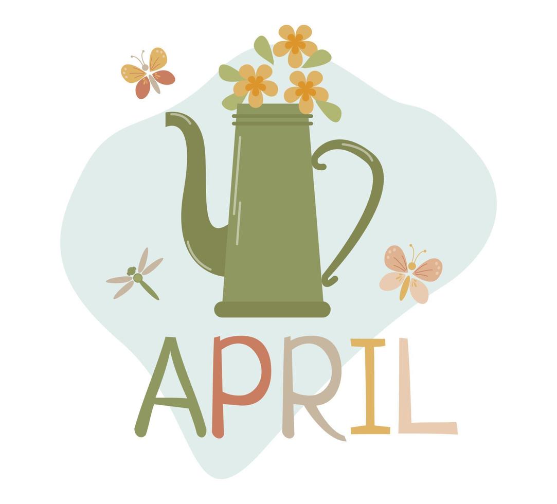 vector tekst april met trechter en bloemen