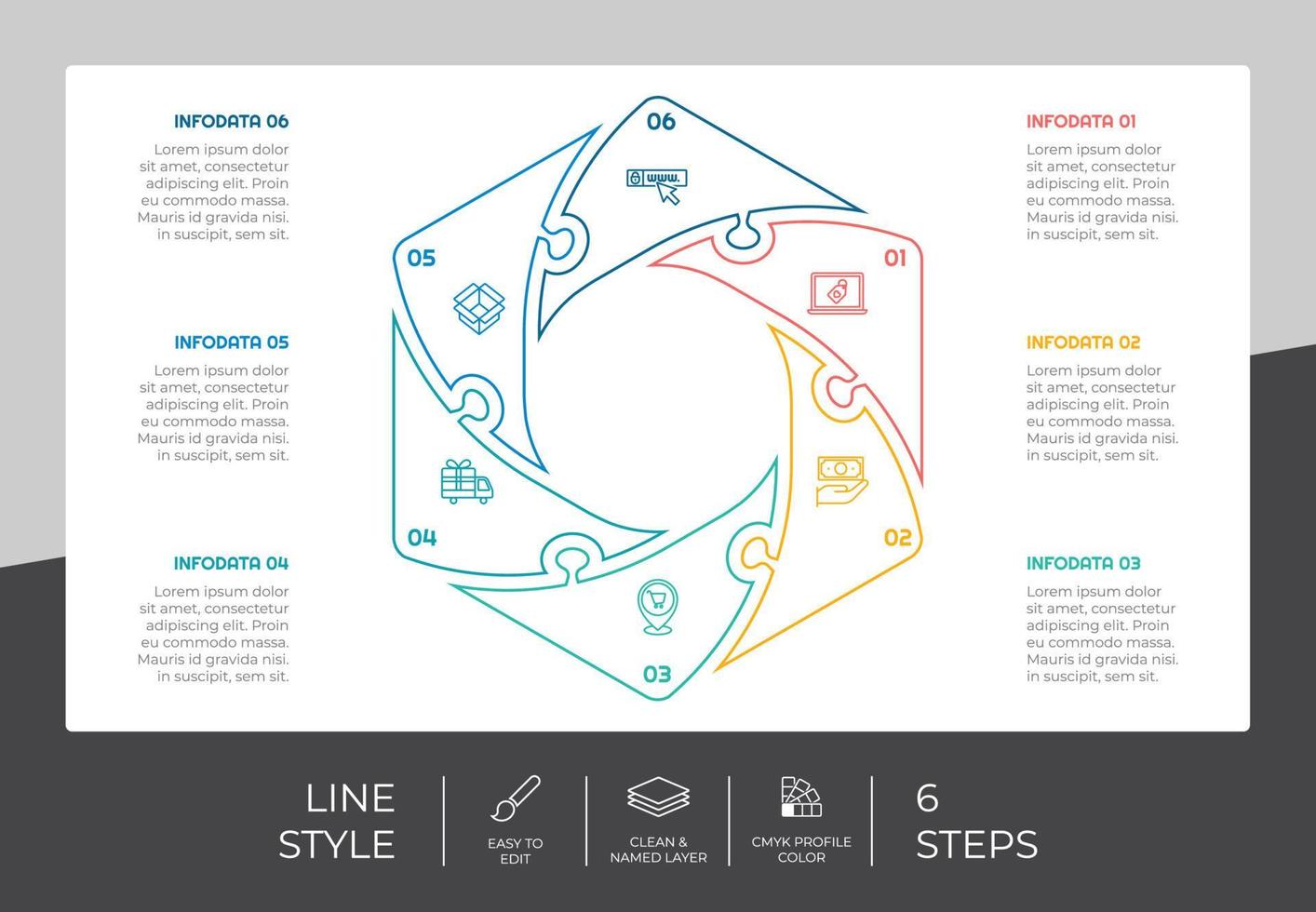 6 stappen van zeshoek infographic vector ontwerp met lijn concept voor marketing. werkwijze infographic kan worden gebruikt voor bedrijf en marketing.