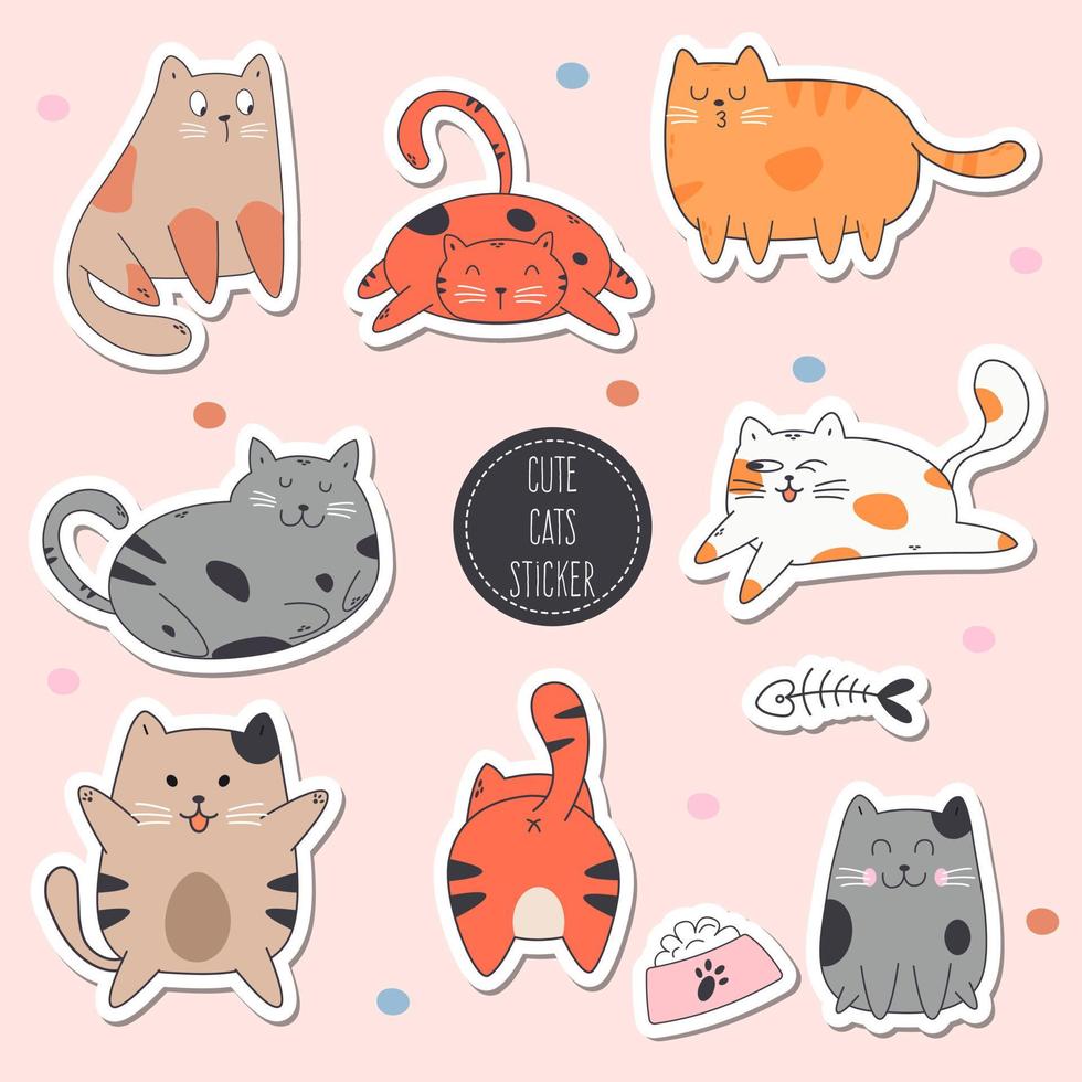 trek verzameling stickers kat. tekening tekenfilm stijl. vector illustrator