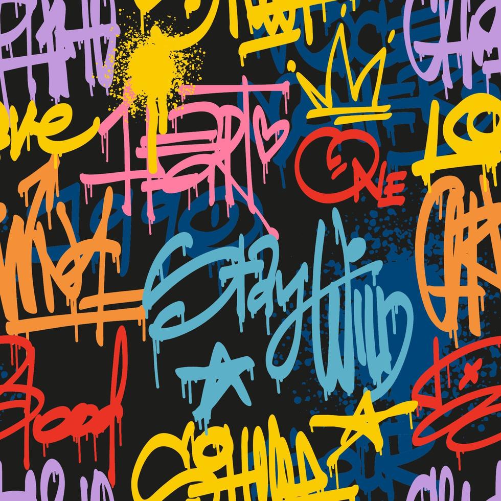 stedelijk typografie naadloos patroon met straat kunst graffiti leuze afdrukken. abstract grafisch ondergronds unisex ontwerp voor t-shirts en sweater in helder neon kleuren. vector
