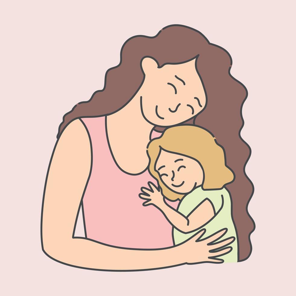 moeder is Holding en knuffelen een kind. mam en dochter samen. moeders dag thema. vector kunst