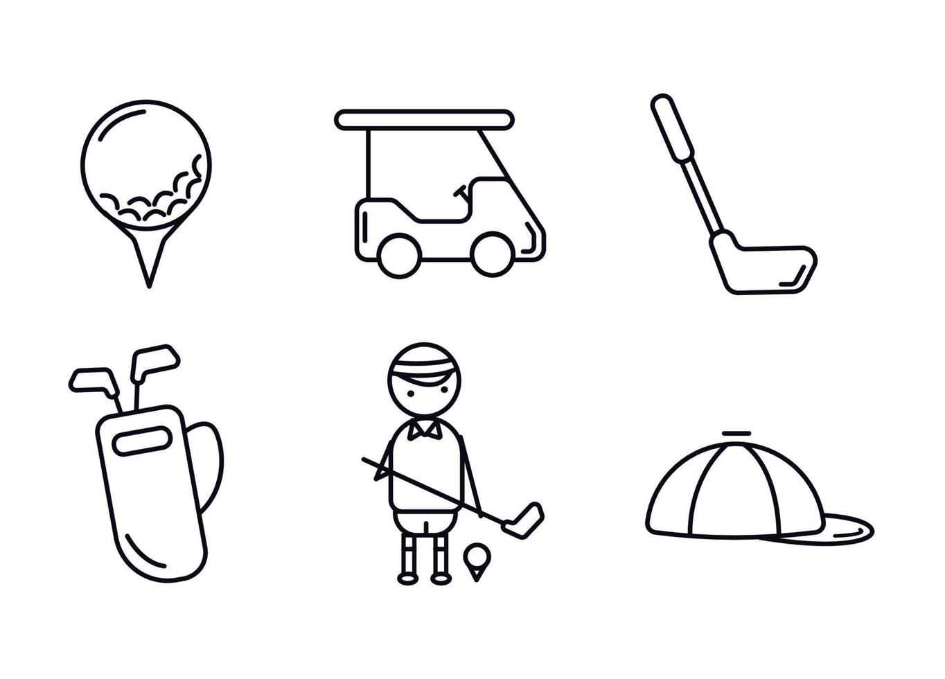 golf pictogrammen. golf pictogrammen reeks zwart en wit. kozina met de ballen. de bal in de gat. golf bal Aan een stellage. vector