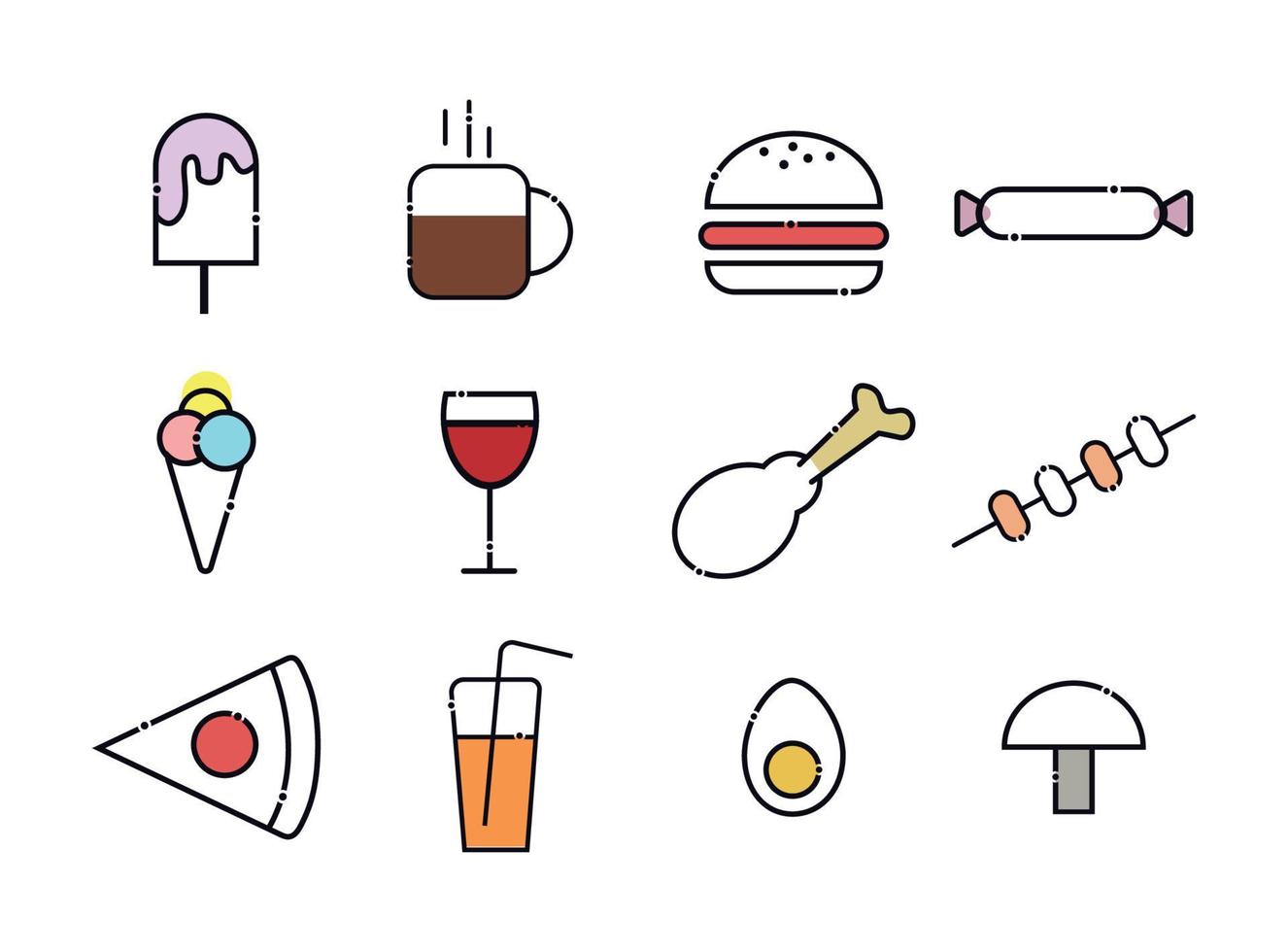 een reeks van voedsel pictogrammen. omvat ijs room, thee, koffie, hamburger, snoep, ijs room, glas van wijn, kip been, kebab, pizza, sap, ei, paddestoel vector