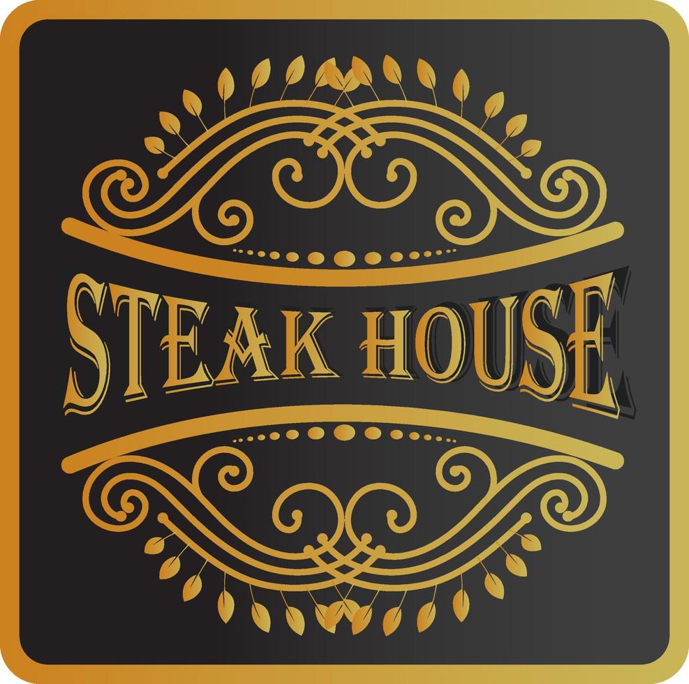 steak huis wijnoogst logo met bloemen, goud, en zwart kleur achtergrond vector