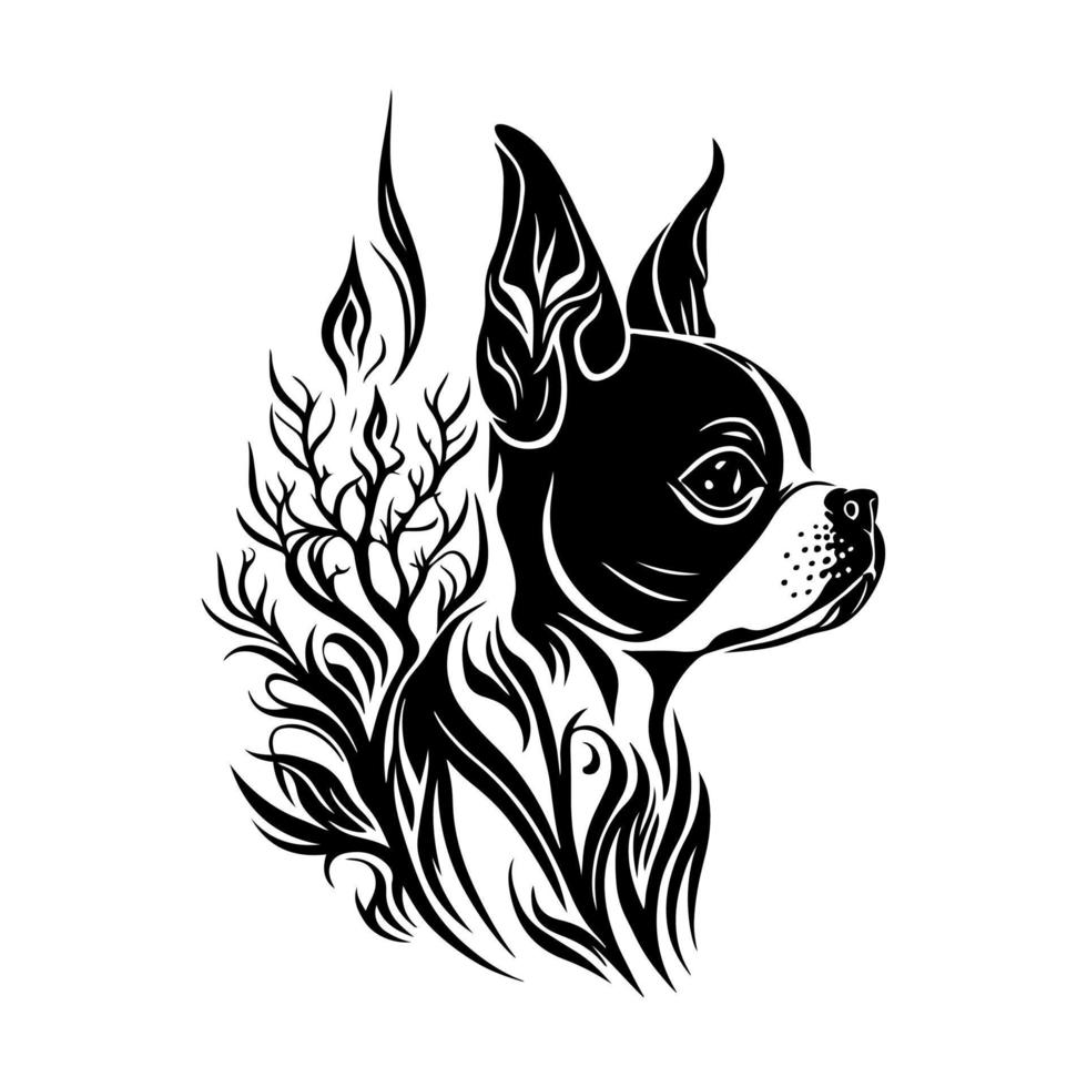sier- portret van een Boston terriër hond in de wildernis. decoratief illustratie voor sleutelhanger, t-shirt, huisdier naambord, labels, pyrografie. monochroom vector illustratie, geïsoleerd.
