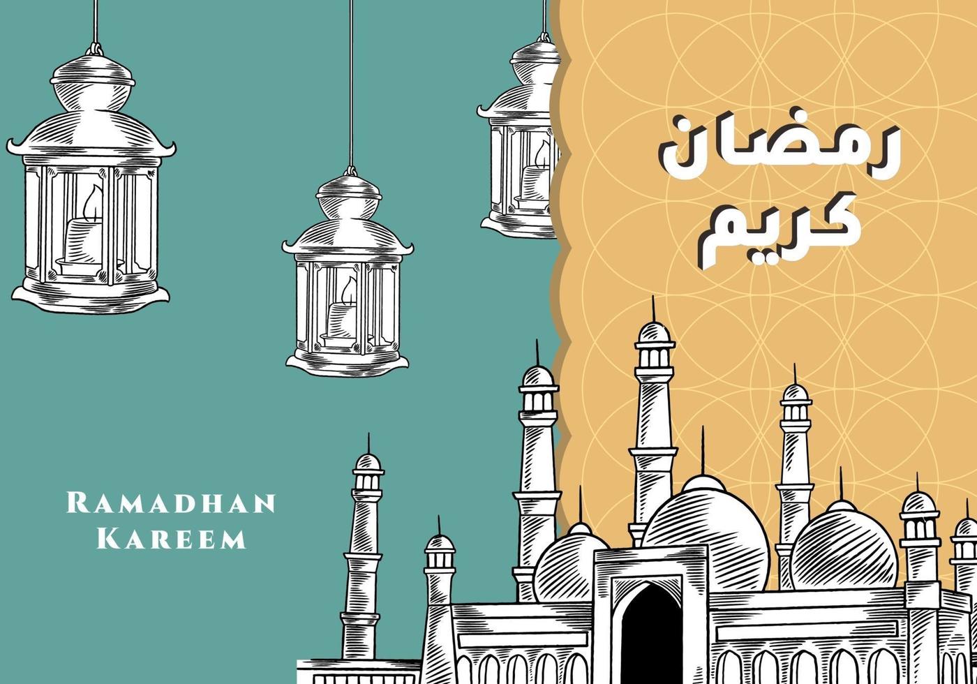 ramadan kareem-groet met moskee en lantaarn hand getrokken kalligrafie letters. Arabische kalligrafie betekent hulst ramadan. vector illustratie vintage design.