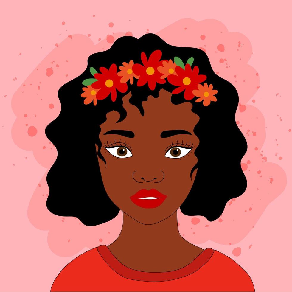 zwart vrouw met bloemen Aan haar hoofd. vector illustratie van een zwart meisje met gekruld haar- Aan een oranje achtergrond. poster, ansichtkaart met een vrouw.