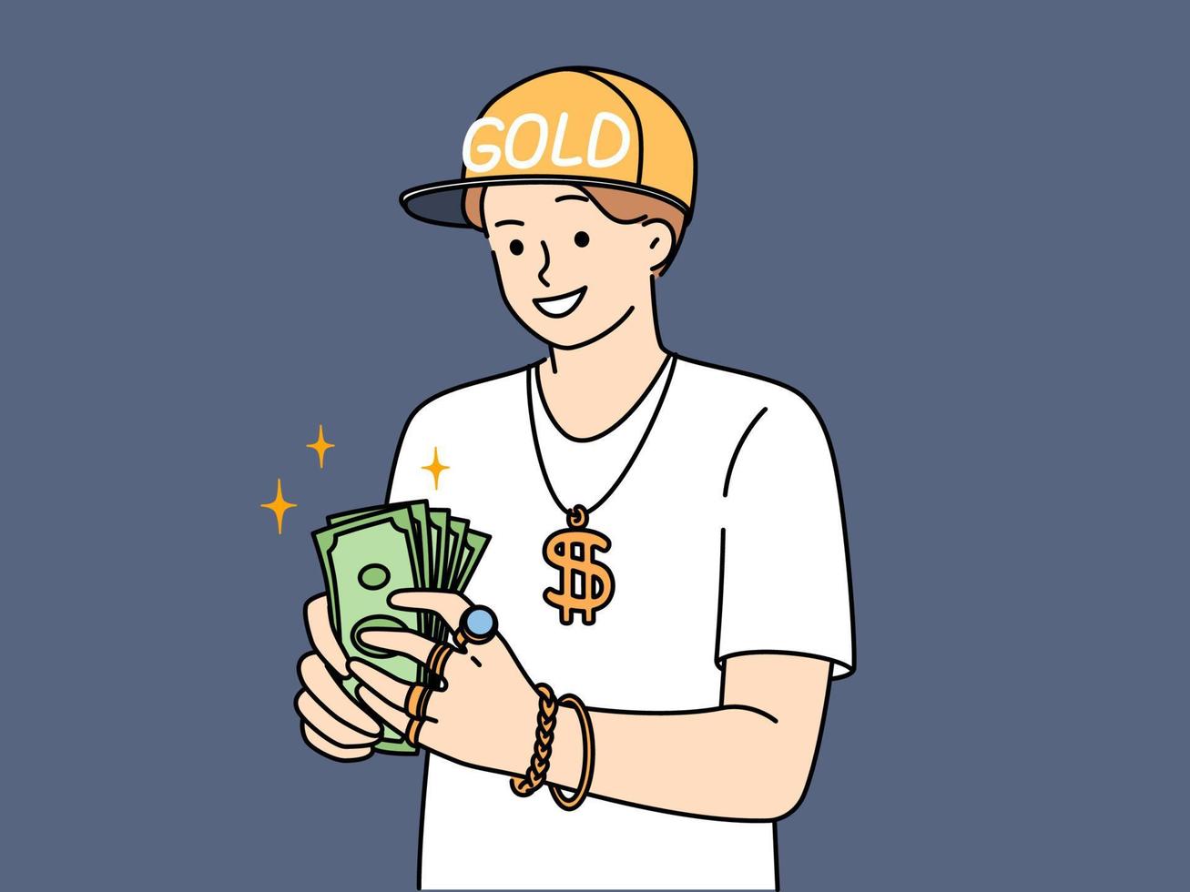 glimlachen geslaagd mannetje rapper in pet Holding geld handen tellen inkomen. gelukkig koel Mens musicus of artiest met dollar. welzijn en rijk uitvoerder. vector illustratie.