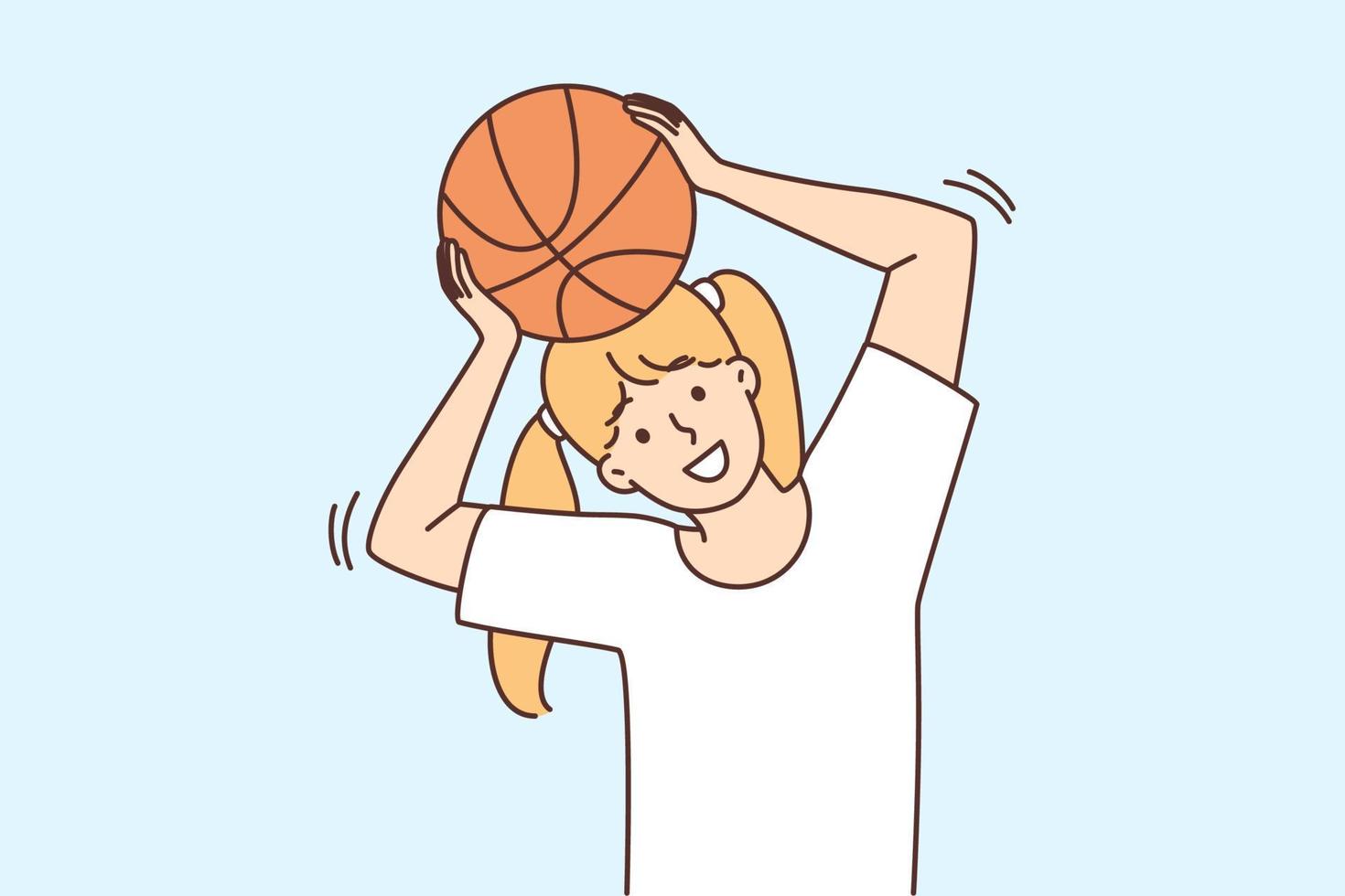 glimlachen meisje kind Speel basketbal Aan speelplaats. gelukkig actief kind hebben pret genieten spel met bal buitenshuis. kinderen en fysiek werkzaamheid. vector illustratie.
