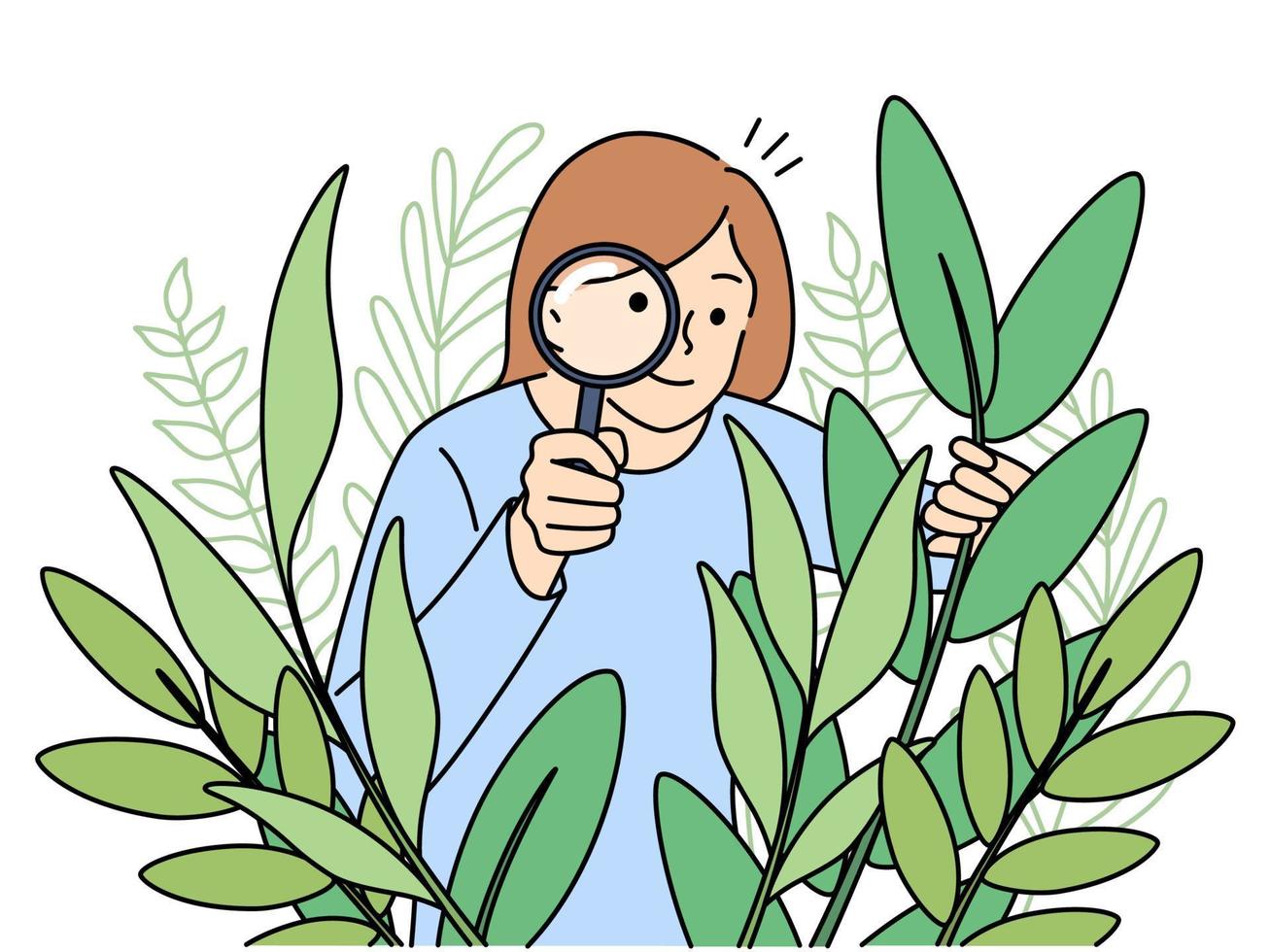gelukkig vrouw kijken met vergrootglas onderzoeken planten buitenshuis. glimlachen vrouw botanicus of onderzoeker gebruik vergroten glas opgewonden over groen. vector illustratie.