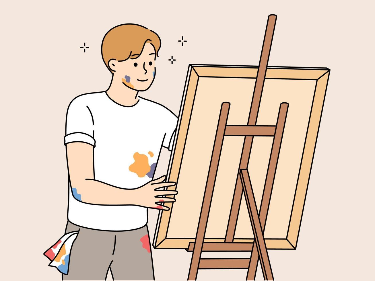 gelukkig jong Mens tekening afbeelding Aan ezel. glimlachen mannetje artiest schilderij genieten van kunst hobby of vrije tijd werkzaamheid. vector illustratie.