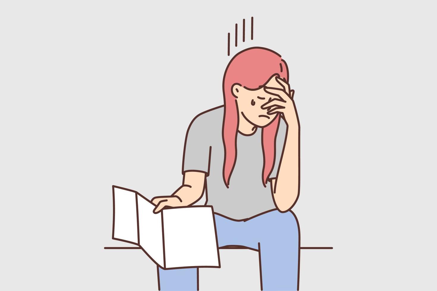 verontrust jong vrouw huilen lezing slecht nieuws in brief. ongelukkig vrouw depressief met negatief bericht of ontslag merk op. vector illustratie.
