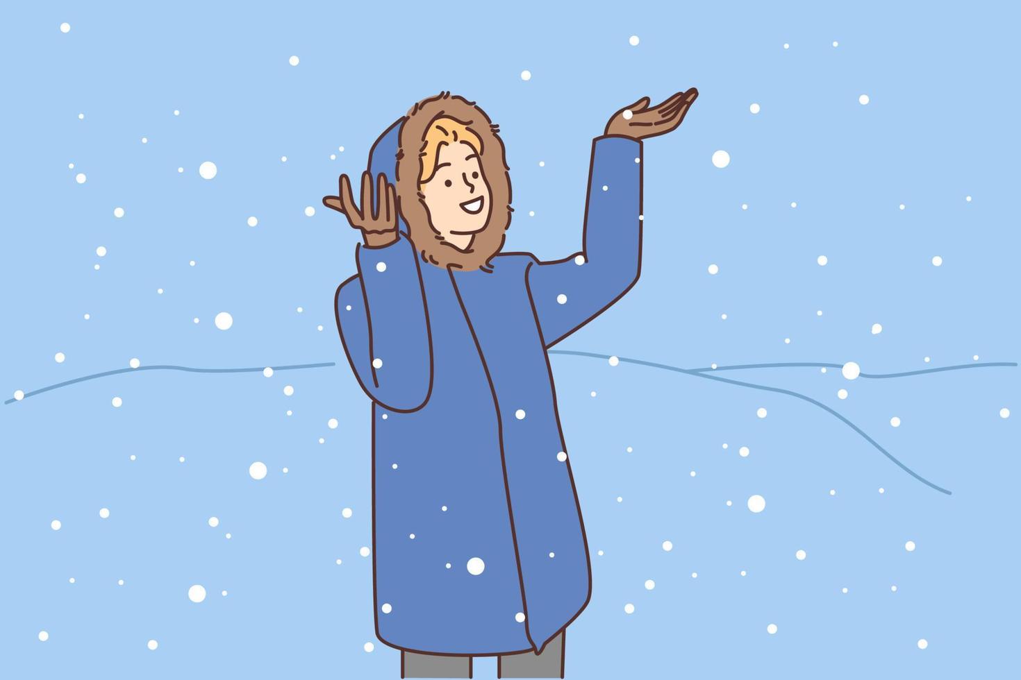 gelukkig kind in bovenkleding genieten sneeuw buitenshuis. glimlachen kind in jasje hebben pret wandelen Aan straat Aan winter. vector illustratie.