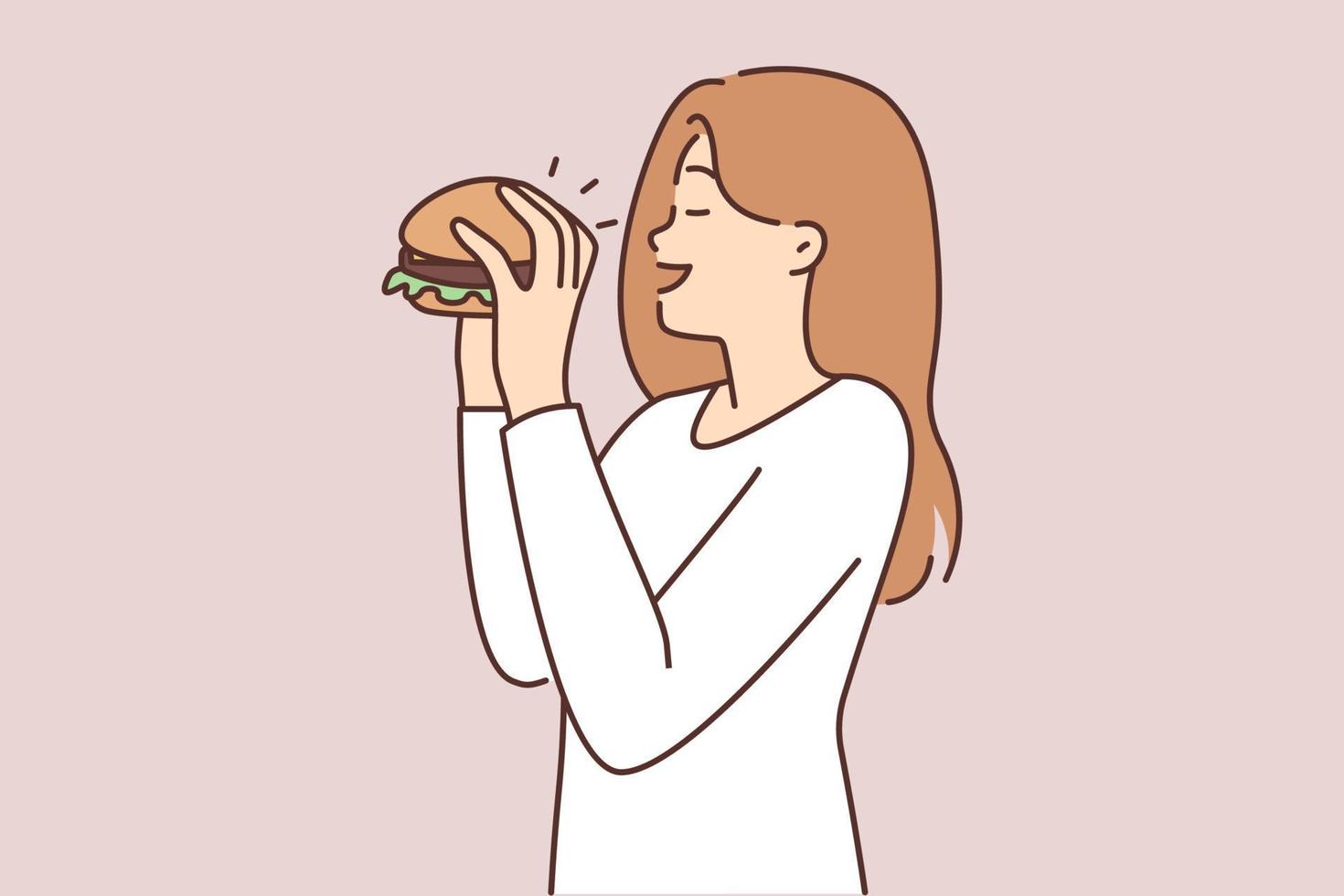 gelukkig jong vrouw aan het eten heerlijk Hamburger. glimlachen vrouw genieten smakelijk hamburger. voedsel en voeding. vector illustratie.