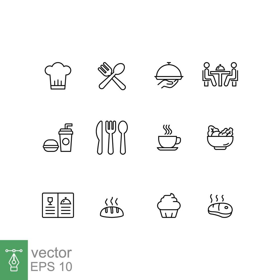 restaurant voedsel icoon set. gemakkelijk schets stijl. drankje, koffie, tafel, menu, bakkerij, voedsel en drank concept. dun lijn symbool. vector illustratie geïsoleerd Aan wit achtergrond. eps 10.