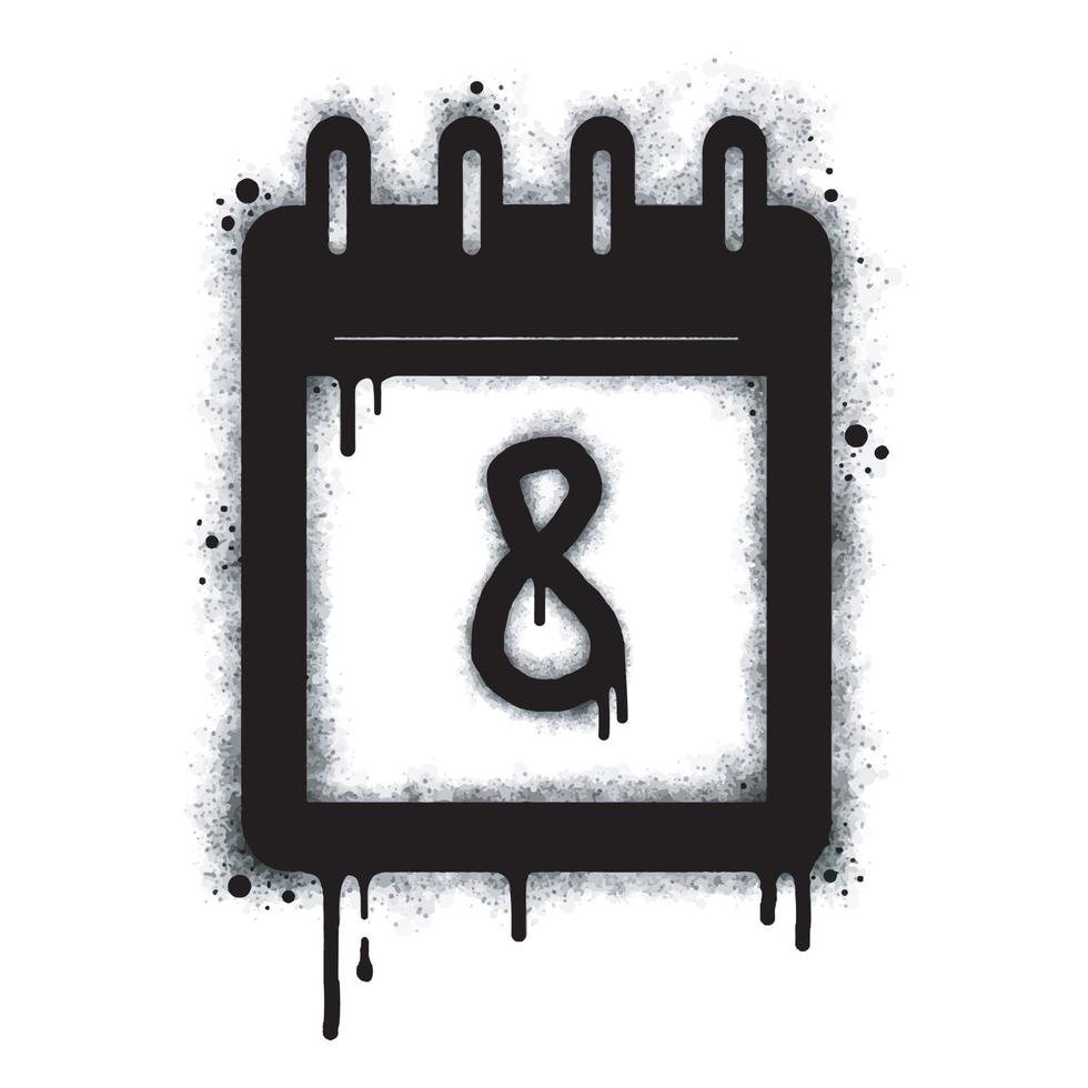 verstuiven graffiti kalender icoon geïsoleerd Aan wit achtergrond. aantal acht graffiti symbool met overspray in zwart Aan wit. vector illustratie.