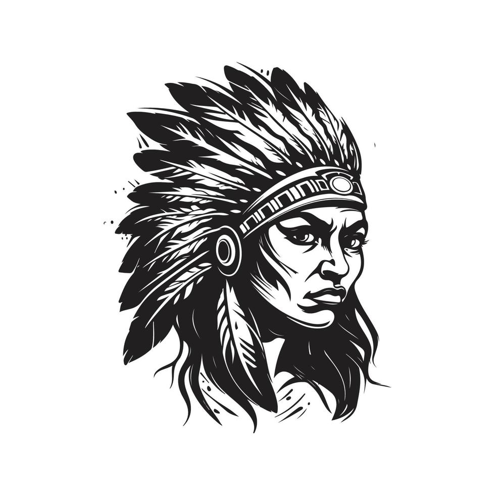 Indisch krijger meisje, logo concept zwart en wit kleur, hand- getrokken illustratie vector