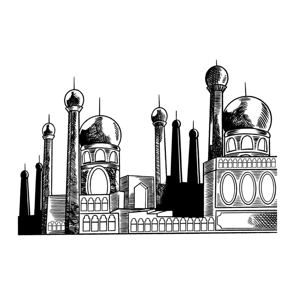 vector Arabische achtergrond met hand getrokken moskee. sjabloonontwerp voor ramadan kareem en eid mubarak. traditionele islamitische feestdag, Arabische religie en cultuur schets illustratie