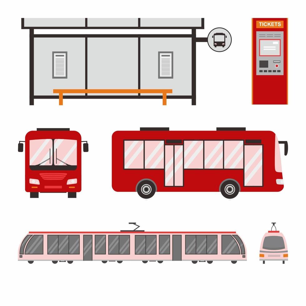 set stadstrolleybus, bus, tram en bushalte. stadsvervoer gekleurde vector plat pictogrammen collectie. stadsvervoer en transporter geïsoleerd op een witte achtergrond. thema openbaar vervoer